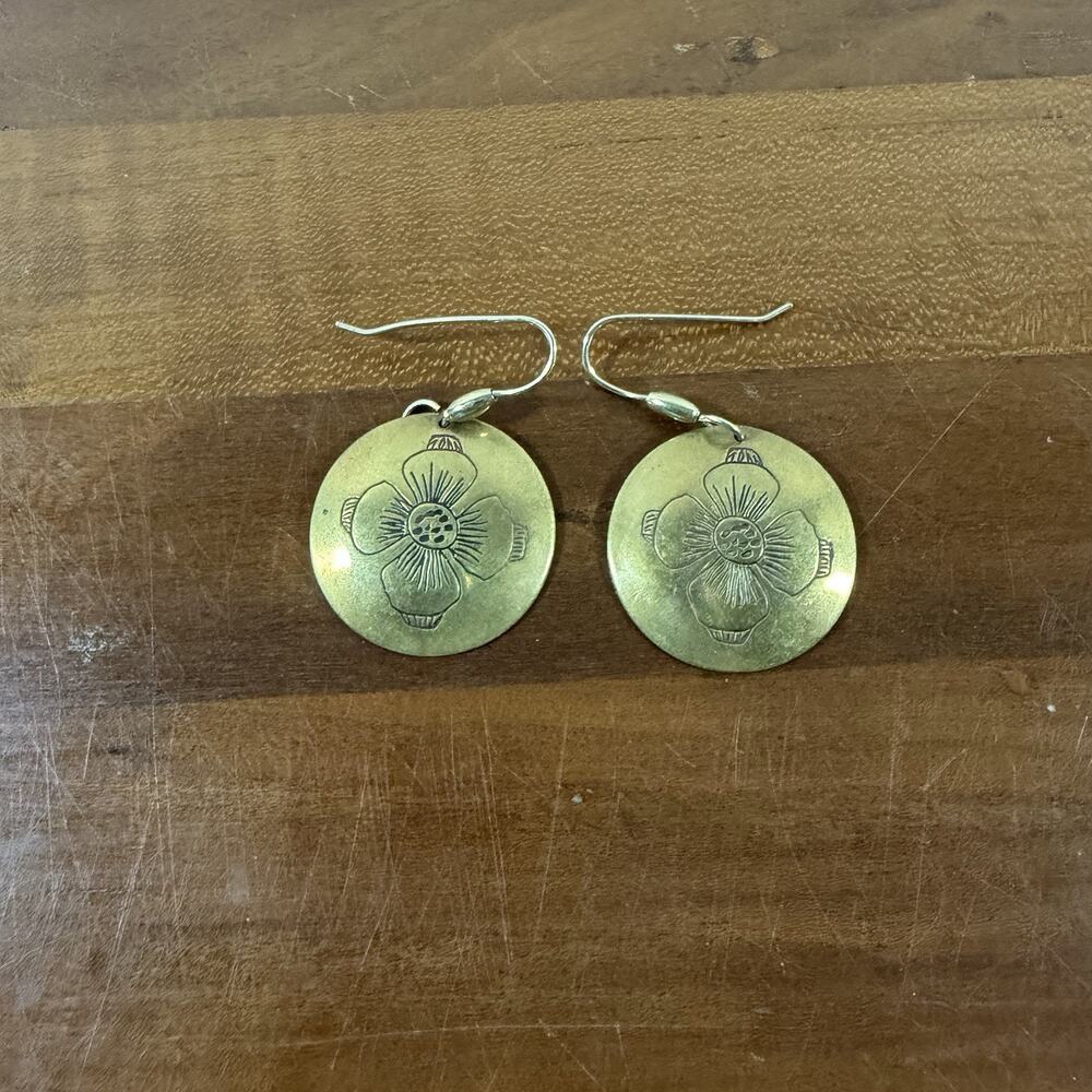 Gold Tone Floral Embossed Disk Dangle Earrings Cottagecore Boho